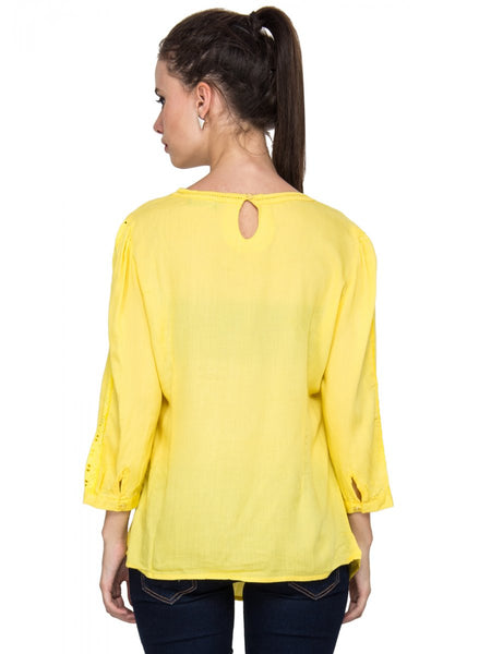 Women's Regular Length Yellow Cotton Round Neck Tees