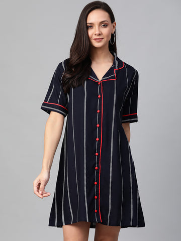 Stylish Viscose Rayon Half Sleeves Striped Printed Dress(Navy Blue)